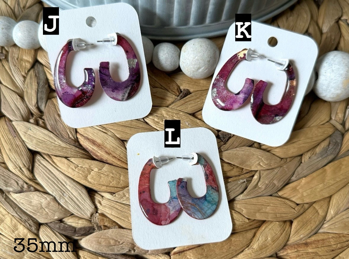 Handpainted watercolor and resin hoop earrings