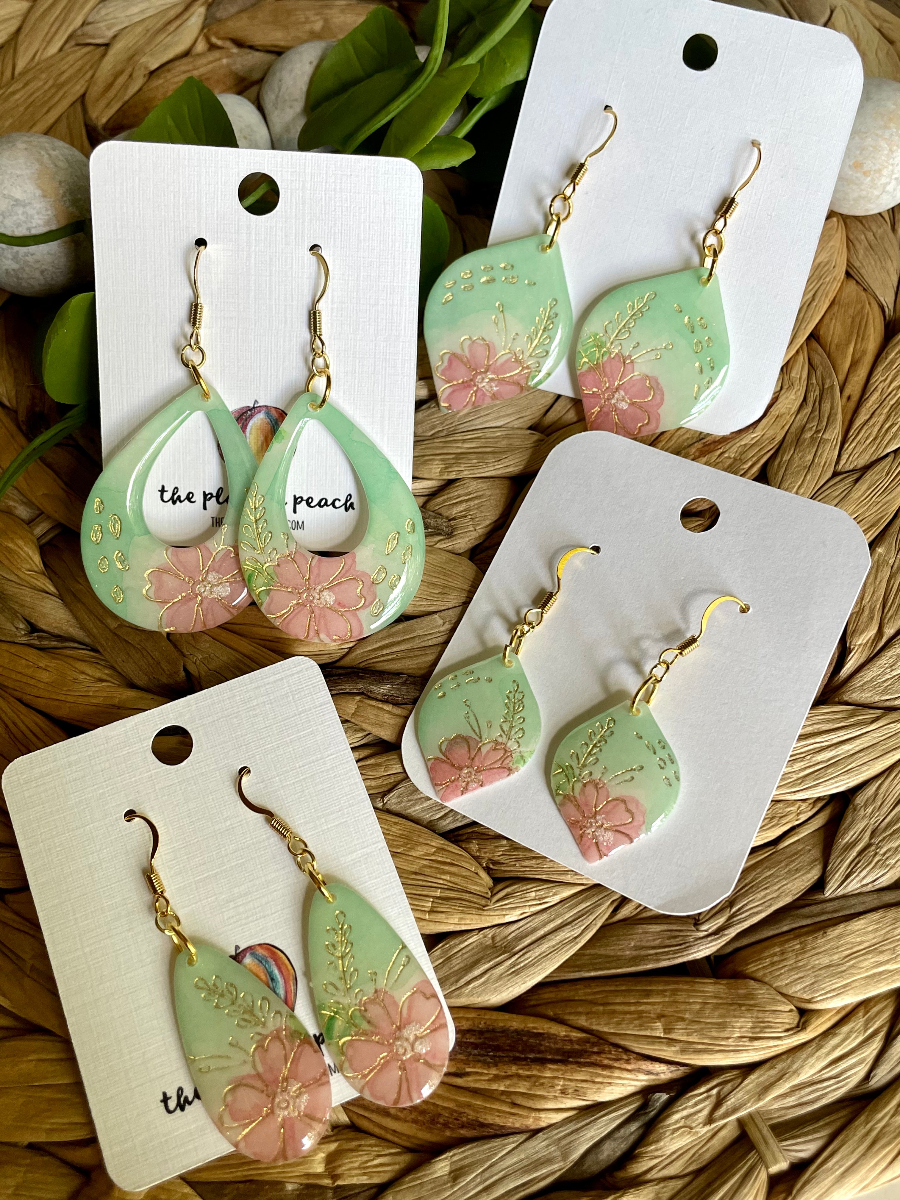 Original handpainted Watercolor floral earrings with metallic foil