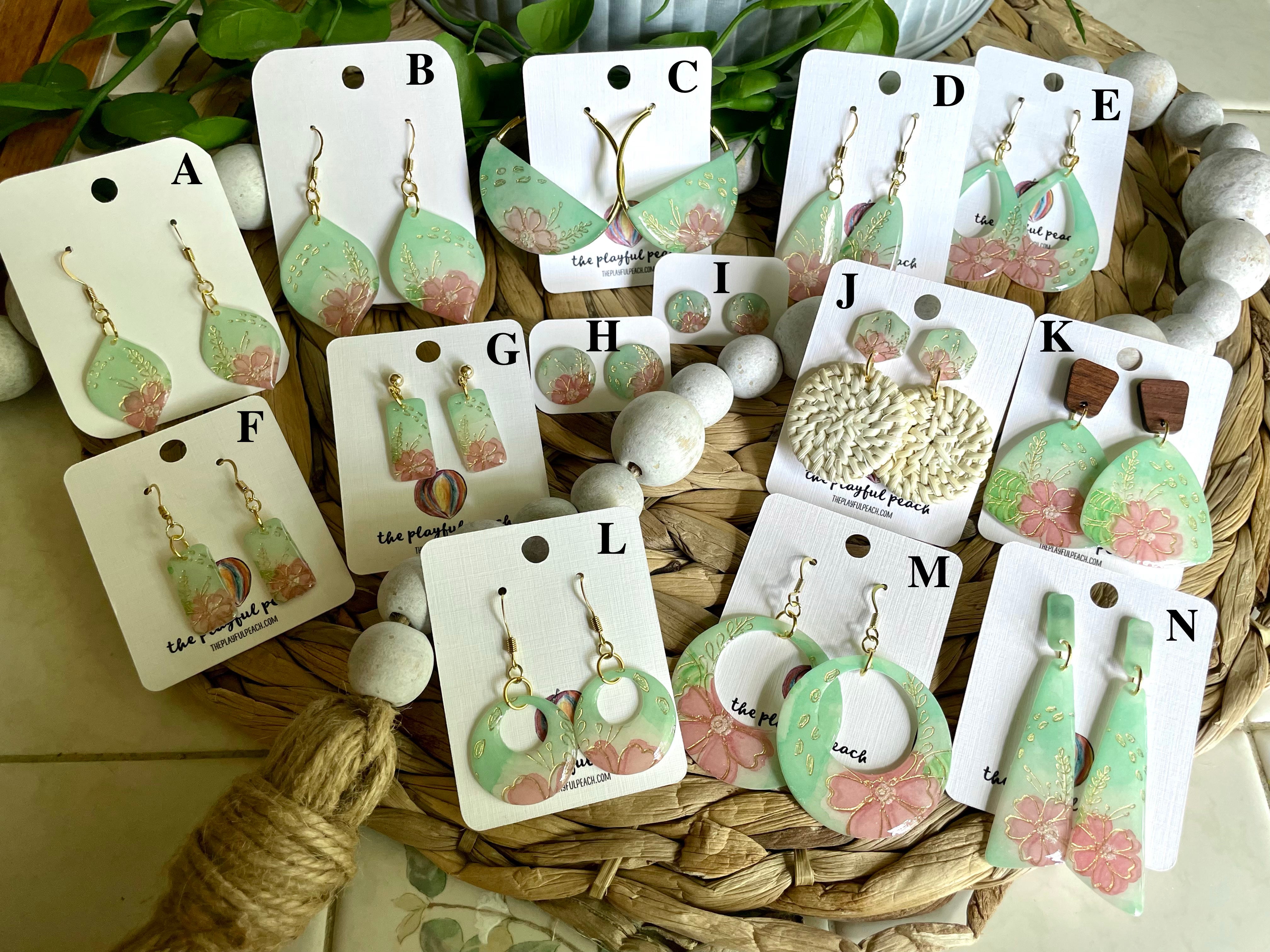Original handpainted Watercolor floral earrings with metallic foil