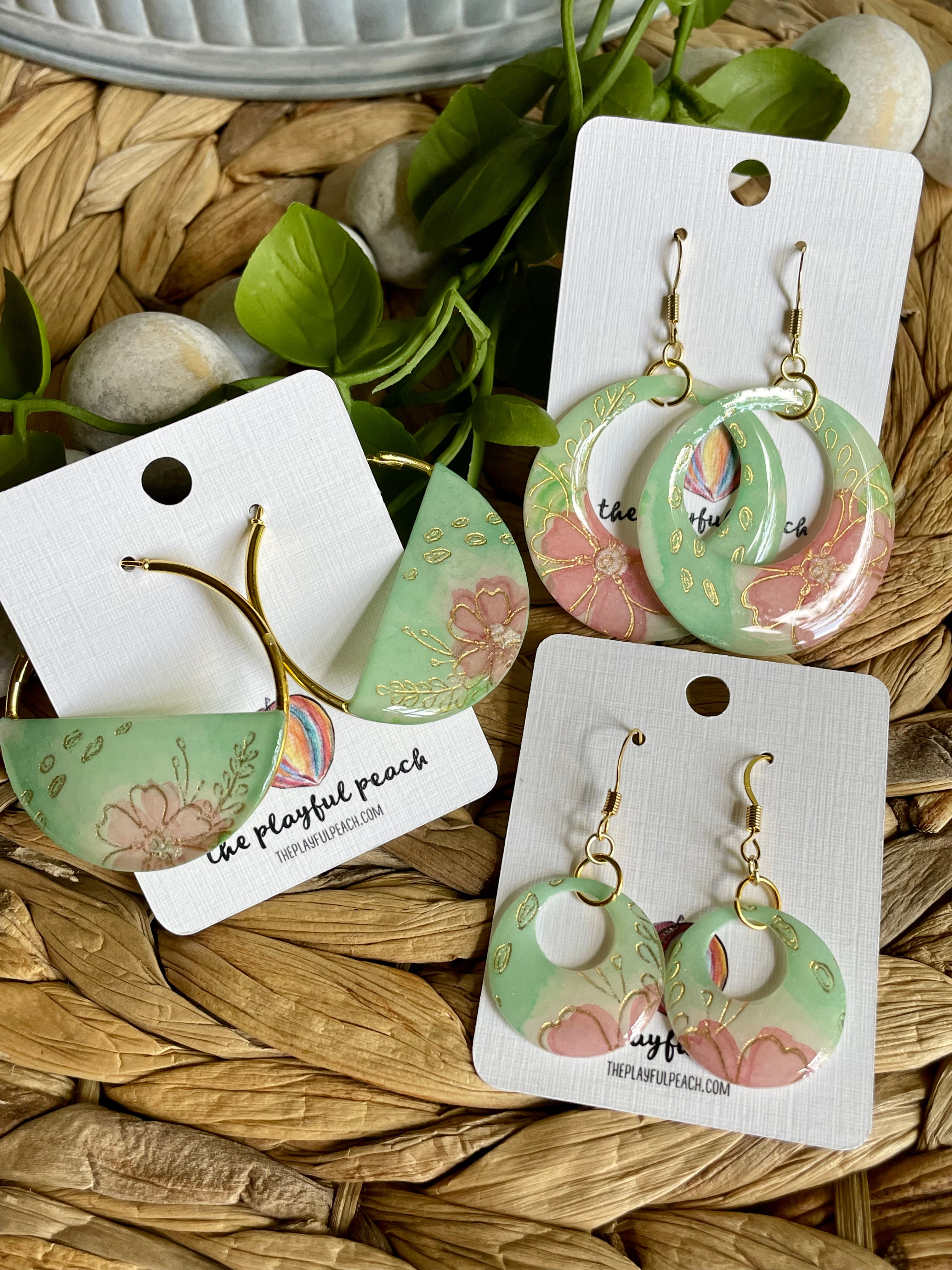 Original handpainted Watercolor floral earrings with metallic foil