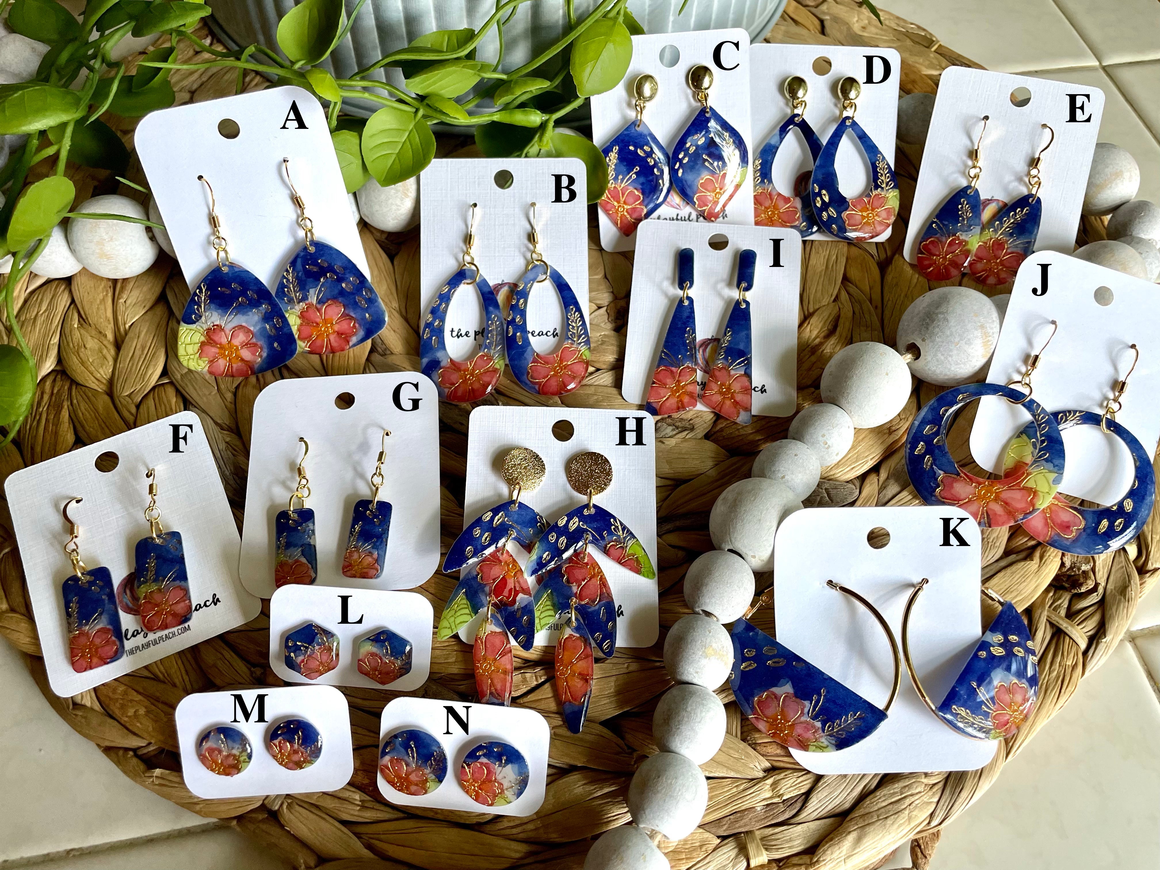 Original handpainted Watercolor floral earrings with metallic foil